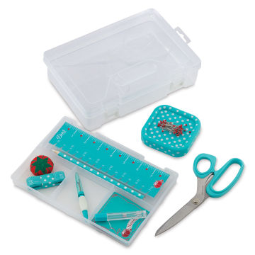 Dritz Sewing Box Kit, Blue and Red, components of kit shown next to storage box

