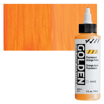 Golden High Flow Acrylics - Fluorescent Orange-Yellow, 4 oz bottle with swatch