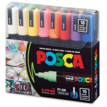 Uni Posca Paint Markers - Set of 16 Basic Colors, Medium Tip, 2.5mm. Front of package.