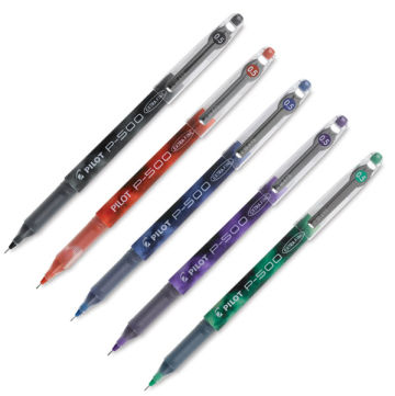 Pilot P-500/P-700 Gel Rollers - 6 colored pens at angle and uncapped
