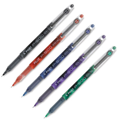 Pilot P-500/P-700 Gel Rollers - 6 colored pens at angle and uncapped
