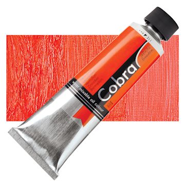 Open in modal - Royal Talens Cobra Water Mixable Oil Paint - Vermilion, 150 ml tube and swatch