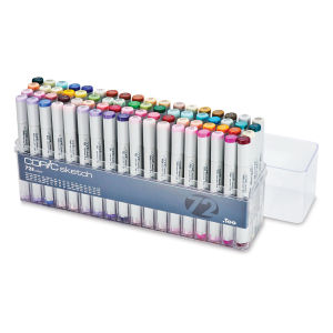 Copic Sketch Markers, Set of 72 E colors, four rows, clear package, lid off.