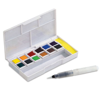 Derwent Inktense Paint Pan Set - Open palette of Travel set showing 12 colors and pen