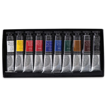 Sennelier Extra-Fine Artist Acryliques - Set of 10 Tubes shown open in storage tray