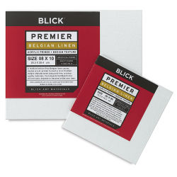 Blick Premier Belgian Linen Archival Panels - Front of 2 Acrylic primed panels with labels