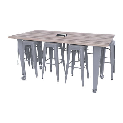 CEF Idea Island Work Table, 34" high with 8 silver stools. 