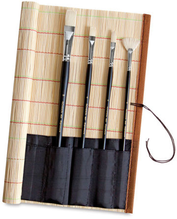 Open in modal - Richeson Bamboo Brush Roll-up - Top view of Brush Rollup, slightly open with 4 brushes, not included