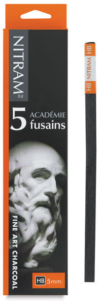 Nitram HB Academie Fusains Charcoal -Medium Charcoal, Front of Package of 5 shown, one Baton shown