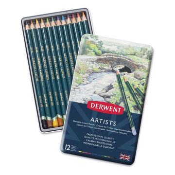 Derwent Artist Pencil Set - Tin Box shown open with Set of 12 pencils in tray