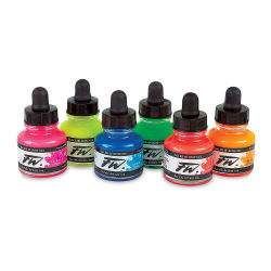Daler-Rowney FW Acrylic Water-Resistant Artists Ink - 1 oz, Neon Colors, Set of 6 (set contents)