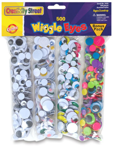 Creativity Street Wiggle Eyes 500 Piece Pack - Package showing 4 types of Eyes included
