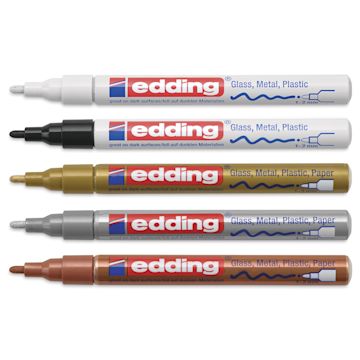 Open in modal - Edding Gloss Paint Markers - Metallic Colors, Set of 5, Round Nib, 1-2 mm,laid out with caps off
