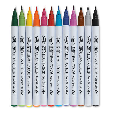 Zig Clean Color Real Brush Pen Set - Components of Assorted Colors Set of 12 shown