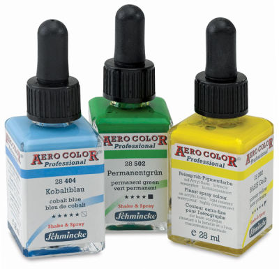 Aero Color Professional Airbrush Colors - Blue, Green, and Yellow bottles together
