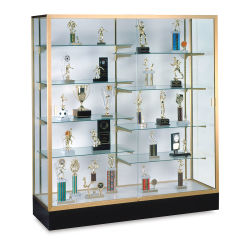 Colossus Display Case in gold trim -  white backing, 2 locked doors, and 8 adjustable shelves shown