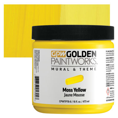 Golden Paintworks Mural and Theme Acrylic Paint - Moss Yellow, 16 oz, Jar with swatch