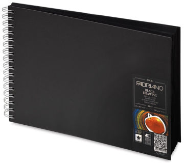 Fabriano Hardcover Black Sketchbook - Right angled view of Landscape Sketchbook with label
