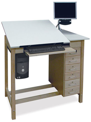 Hann Drafting Tables - Left angle view of Adjustable CAD Drafting Table with computer (not included)