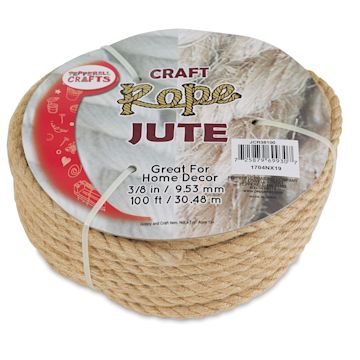 Open in modal - Pepperell Craft Natural Jute Craft Rope - Top angled view of 100 ft coiled Rope with label