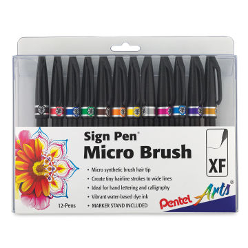 Pentel Arts Micro Brush Tip Sign Pen Sets - Front of package of set of 12 Micro Tip Pens