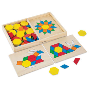 Melissa & Doug Pattern Blocks and Boards (Wooden shapes shown with rabbit, snail, and geometric flower templates)