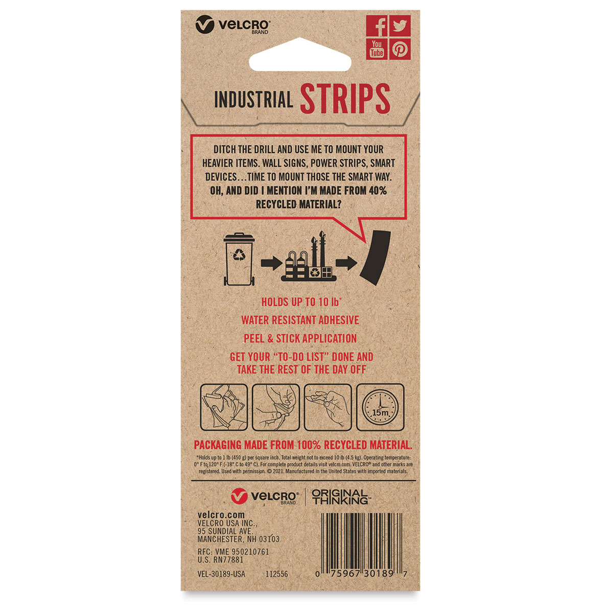 Velcro Brand ECO Collection Industrial Strips, Pkg of 2, Black, 3 x 1-3/4