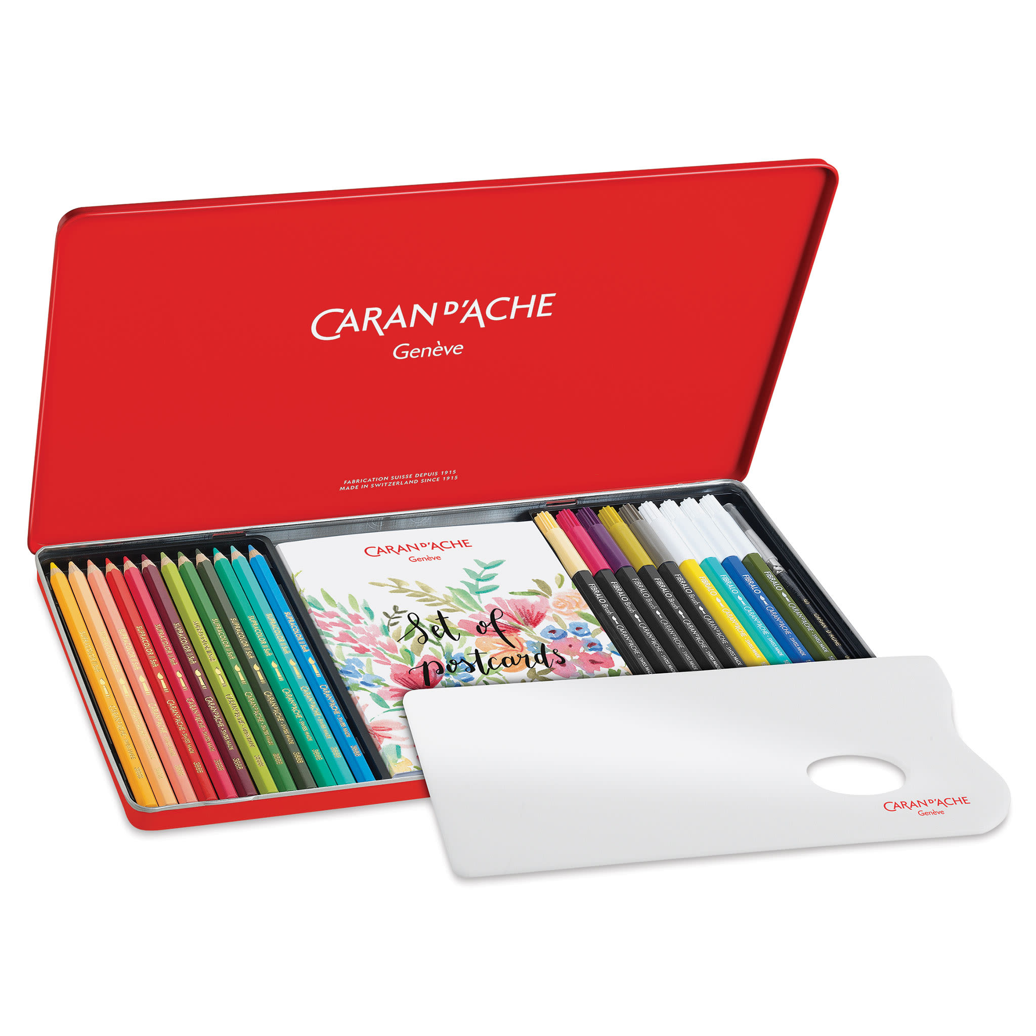 Caran d'Ache Mixed Media Botanical Set, palette and contents show in metal case with lid open