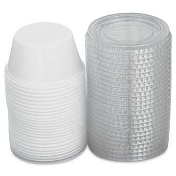 Open in modal - Uline Plastic Cups with Lids - 25 2 ounce cups shown stacked with lids adjacent