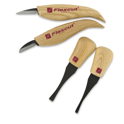 Flexcut Beginner Palm and Knife Set - Components of 4 pc Knife Set shown
