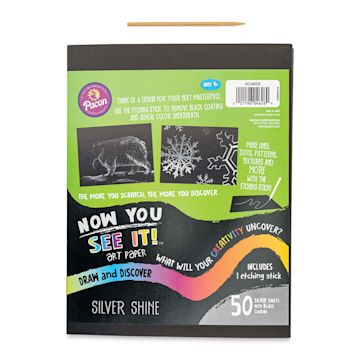 Open in modal - Now You See It Scratch and Reveal Art Paper - Silver Shine, Pkg of 50 Sheets, front of the packaging and etching stick
