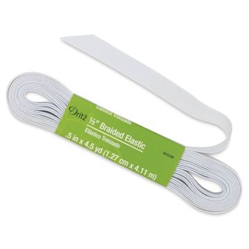 Open in modal - Dritz Braided Elastic - 1/2" White Elastic tape slightly pulled out of label