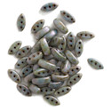 John Bead Czech Glass Cali Three-Hole Beads - Chalk White/Blue Satin Luster, Pkg of 40