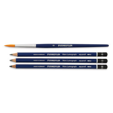 Staedtler Mars Lumograph Aquarell Pencil Set - Component pencils shown with included brush