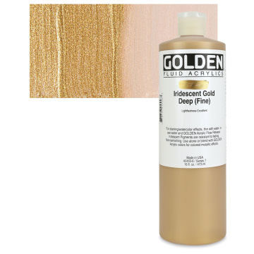 Open in modal - Golden Fluid Acrylic - Iridescent Gold Deep (Fine), 16 oz bottle and swatch