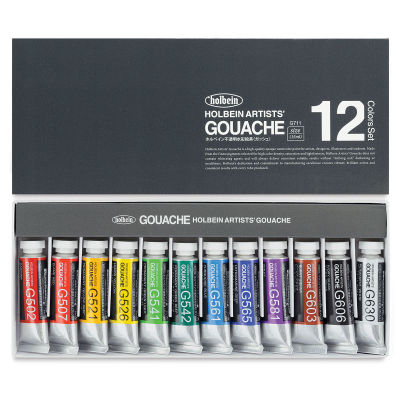 Holbein Artists' Gouache - Set of 12 assorted colors, 15 ml tubes. Inner tray of tubes, lid above.