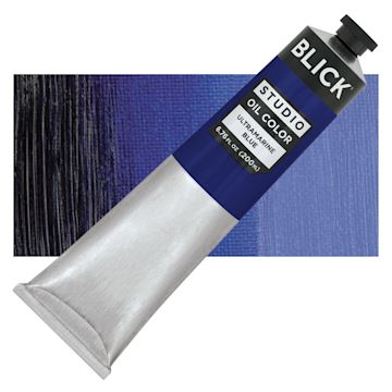 Open in modal - Blick Studio Oil Paint - Ultramarine Blue, 200 ml tube and swatch