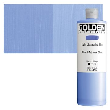 Open in modal - Golden Fluid Acrylic - Light Ultramarine Blue, 16 oz bottle and swatch