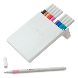 Uni Emott Fineliners - Set 2 with lid open, 9 pens in container and 1 pen out and uncapped