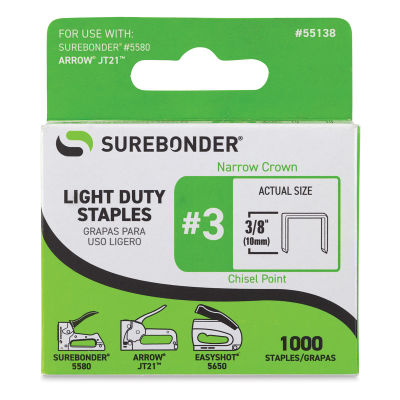 Surebonder Light Duty Staples - 3/8", Box of 1000, Front Of Package