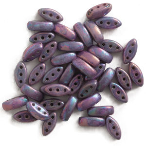 John Bead Czech Glass Cali Three-Hole Beads - Chalk White/Vegas Iris, Pkg of 40