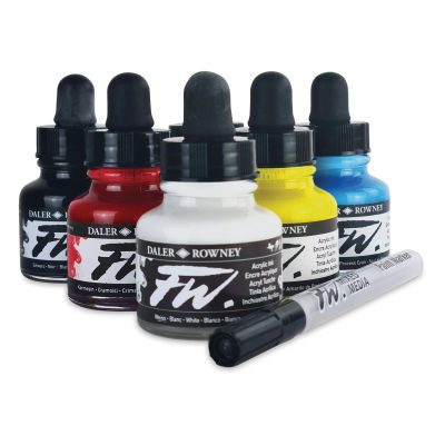Daler-Rowney FW Acrylic Water-Resistant Artists Ink - 1 oz, Primary Colors, Set of 6 with Empty Marker