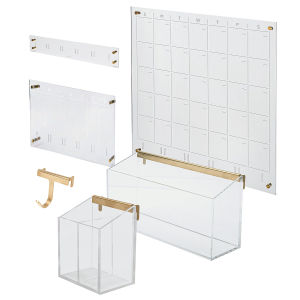 Russell and Hazel Acrylic Wall Calendars and Accessories (Acrylic monthly and weekly calendars shown with acrylic rail, pencil bloc, wall valet, and brass wall hook)