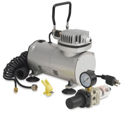 SilentAire Scorpion I Airbrush Compressor - Shown angled with included parts