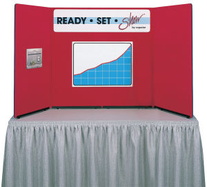 Expostar Tabletop Displays - 4 panels in Red, set up on show table and showing chart and sign