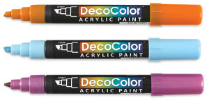 Decocolor Acrylic Paint Markers - 3 uncapped markers in orange, blue and purple shown horizontally
