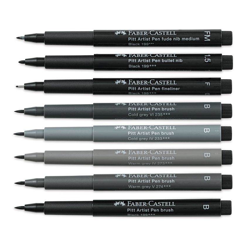 FaberCastell Pitt Artist Pens Black and Gray, Set of 8, Assorted BLICK Art Materials