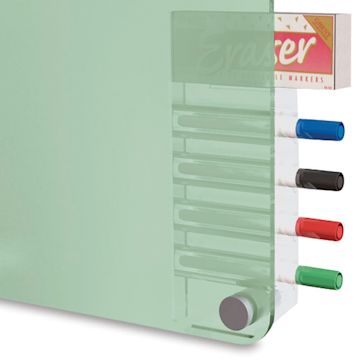 Open in modal - Ghent Harmony Glass Markerboard - closeup of lower right corner shows eraser, marker holder
