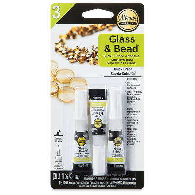 Aleene's Glass & Bead Slick-Surface Adhesive, front of the packaging of 3. 