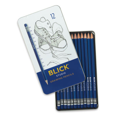 Blick Studio Drawing Pencils- Set of 12. Lid open revealing row of pencils in tin. 